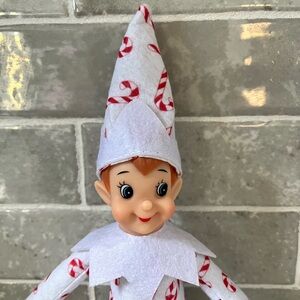 White Candy Cane Elf Doll, Poseable Holiday Elves